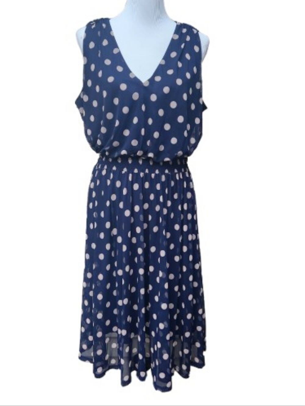 Kate & Lily Dark Blue Polka-Dot Mesh Dress Sleeveless V-Neck Smocked Waist